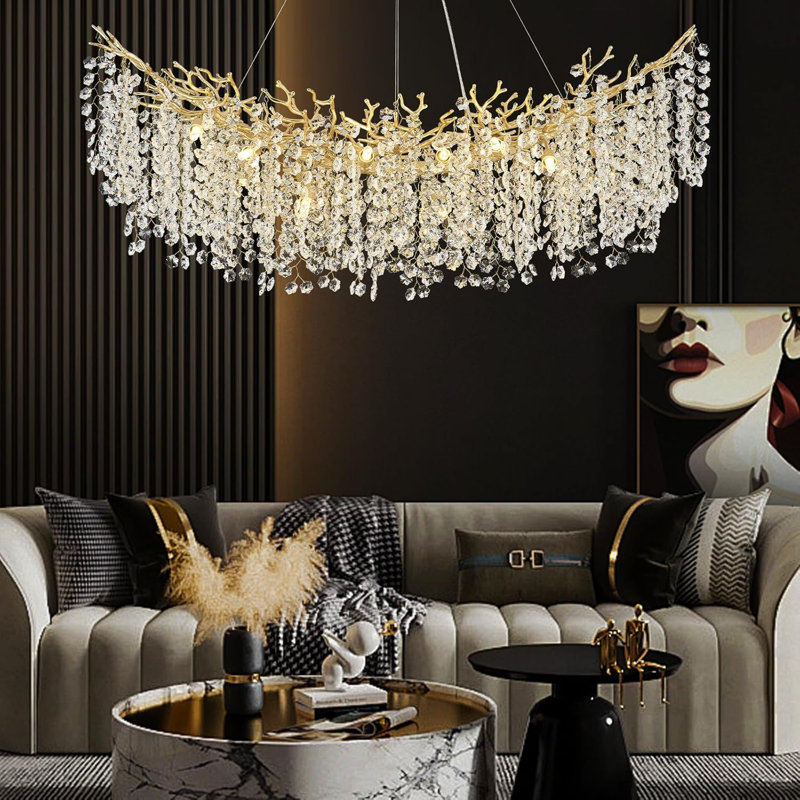 Lustre moderne en cristal K9, Doré, H 17,72 po x l 47,24 po x P 19,69 po , 14 lumières 