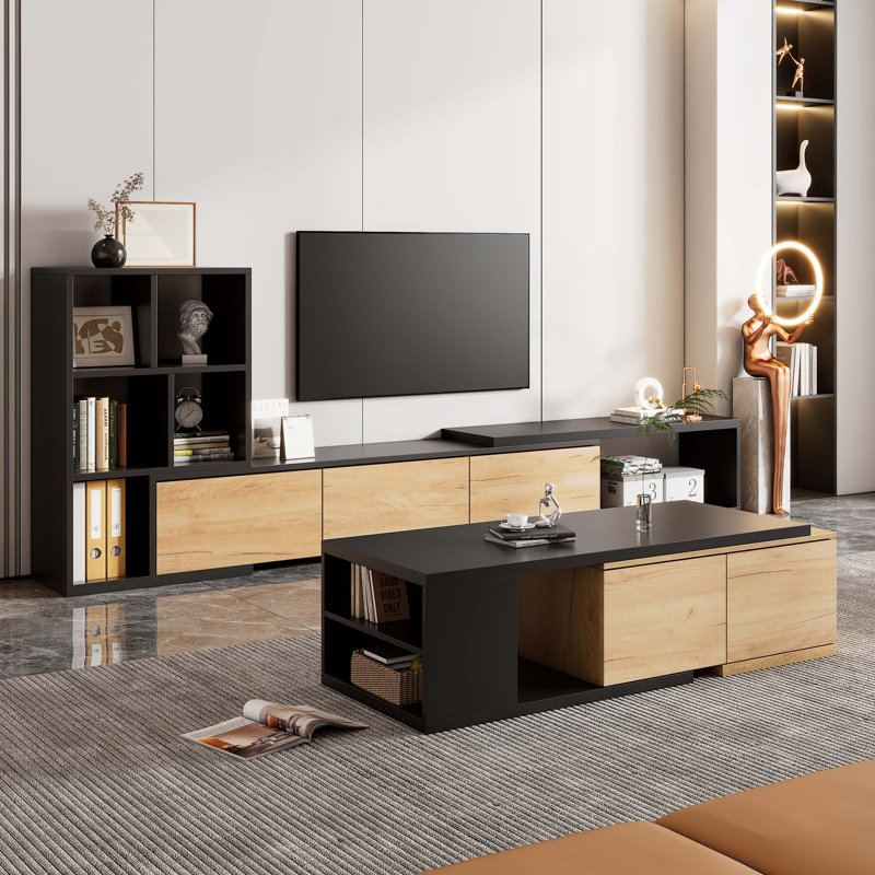 Meuble télé extensible avec tablettes à 3 niveaux et plateau coulissant pour téléviseur de 110 po ou moins (ensemble de 2)