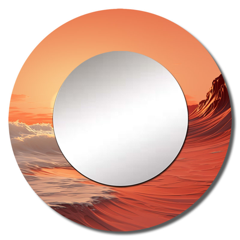Vague colorée, merveille grise et jaune I - miroir mural unique Coastal, miroir rond corail, impression sur métal