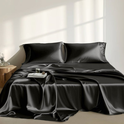 Twin Black Luxury Satin 4 Pcs Sheet - 100% , Wrinkle , Soft On Skin, Reduces Hair Breakage, , 1 Flat, Fitted Sheet, Pillowcases Silky Texture, Good For Skin And Hair, Tames Frizz,