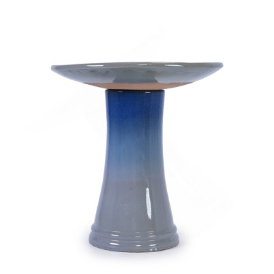 17'' Ceramic Bird Bath For Outside, Elegant Tall Outdoor Bird Bath, Lightweight Pedestal Glazed Birdbaths For Outdoors With Floral Pattern, Blue Ombre