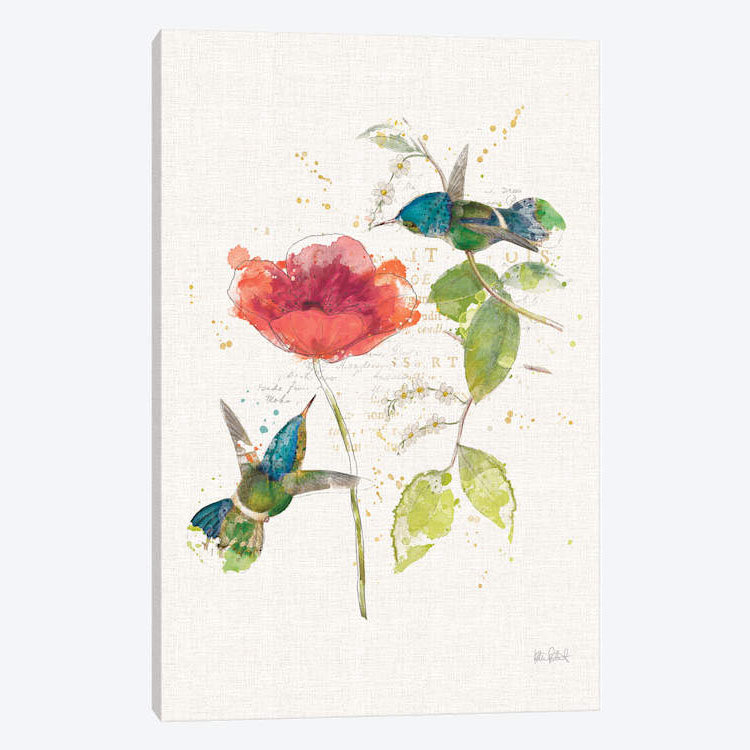 «Teal Hummingbirds Flower II» par Katie pertiet, reproduction sur toile tendue, H 40 po x l 26 po x P 1,5 po, Pas de tapis