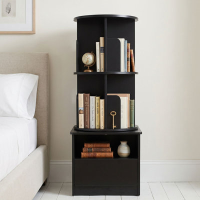 Black Nightstand with Drawer, 39" Tall Night Stand with 2 Tier Rotating Bookshelf, Bedside Table with Open Shelf, End Side Table for Bedroom