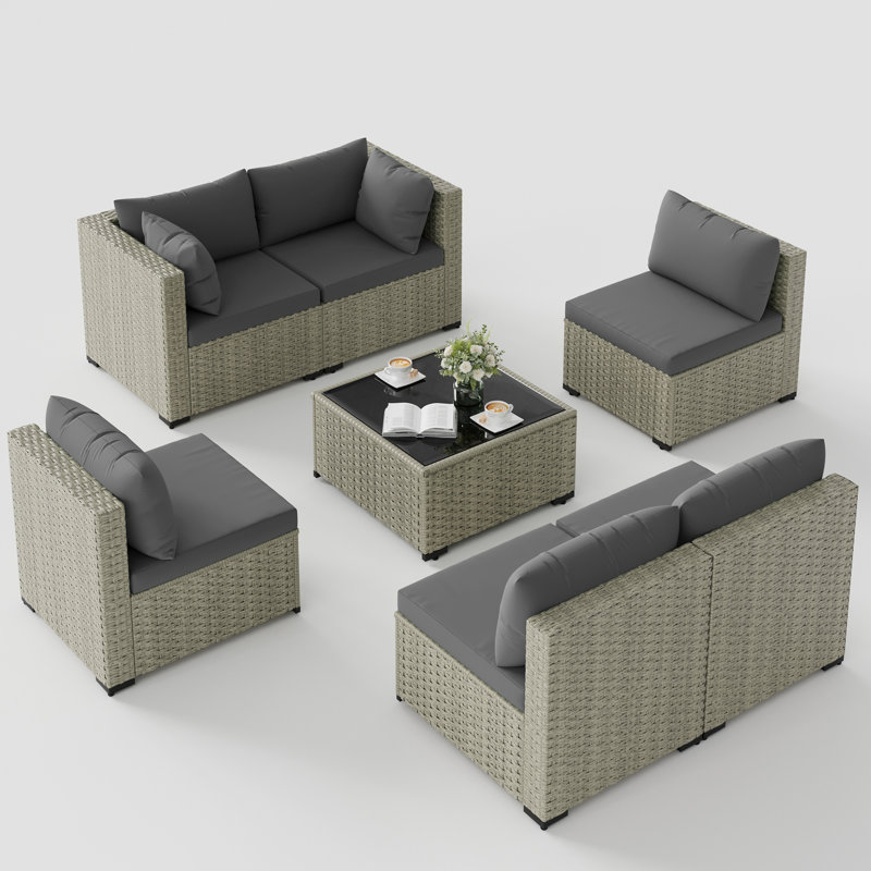 7 Pieces  Design-Oriented Rattan Patio Conversation Sets With Cushions, Gray