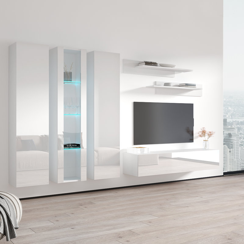 Meuble audio-vidéo mural flottant moderne de 120 po avec éclairage à DEL 16 couleurs Vina, finition brillante Vina, Blanc