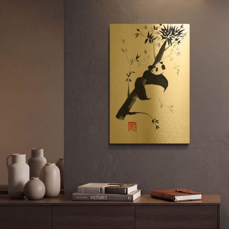 « Panda dans son arbre 04 » par Pechane, décoration murale en métal doré, 30,5 x 40,5 cm, 12 po x 16 po