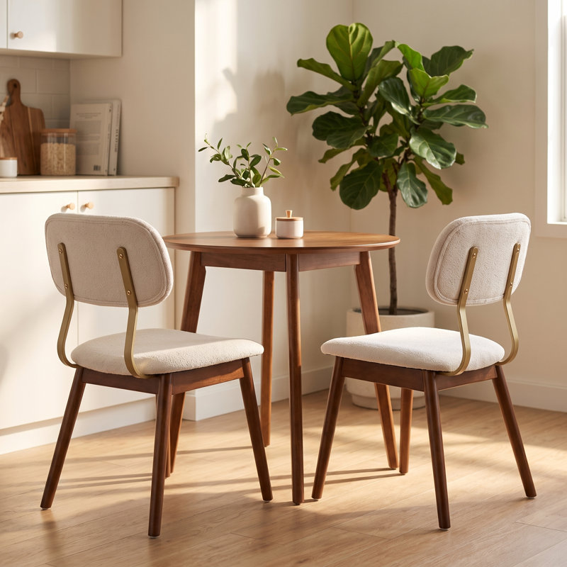 Ensemble de 2 chaises de salle à manger de style moderne du milieu du siècle, chaises d'appoint de cuisine rembourrées en tissu avec pieds en bois massif et dossier incurvé ergonomique, beige