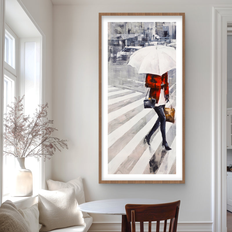 Woman Walking with Umbrella - Black Livingroom Framed Print