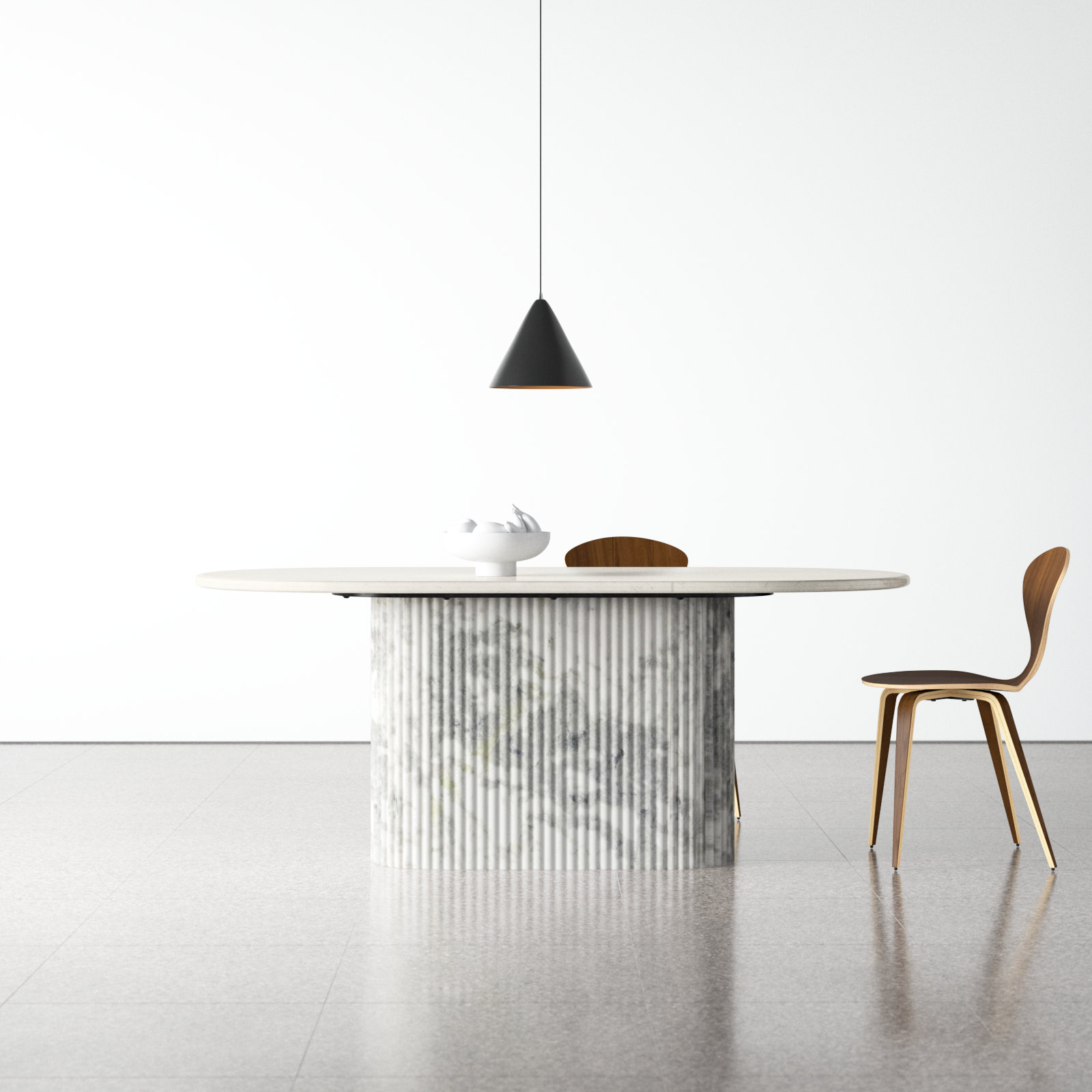 Holloman 74'' Oval Marble Dining Table, Polished White Marble/White Scalloped Marble