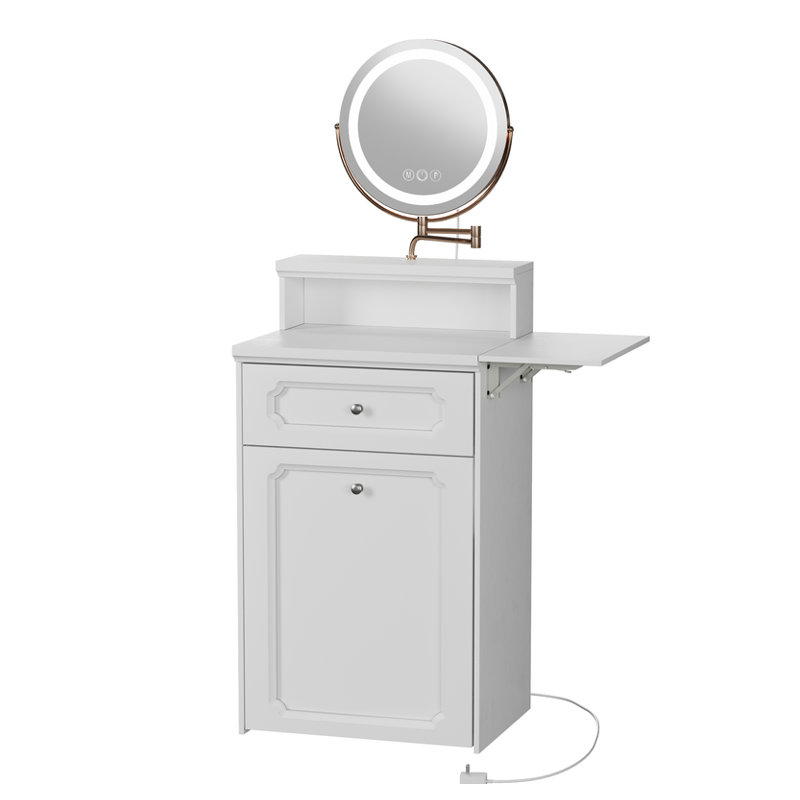 White Makeup Vanity Desk with Round Mirror and Lights, 2 in 1 Nightstand, Dressing Table with a Chair