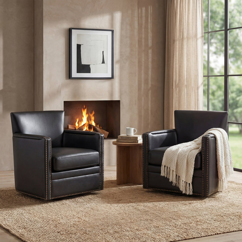 Sandra 29'' Wide Genuine Leather Swivel Chair (Set Of 2), Black Genuine Leather