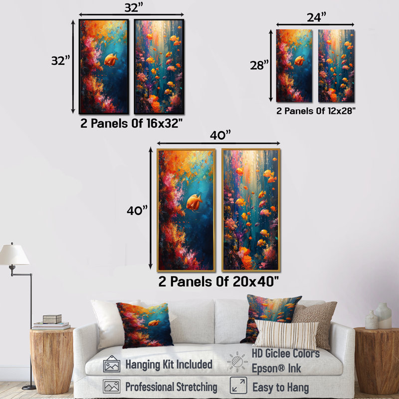 Bleu, orange, corail, poisson marin, vie I - ensemble d'art mural 2 pièces corail, H 28 po x l 24 po, Impression encadrée