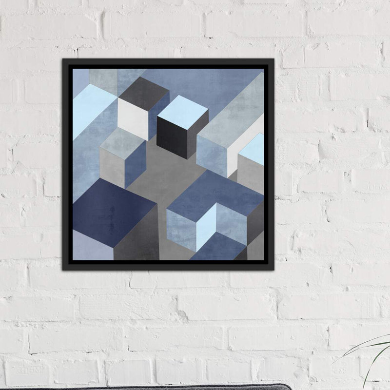 «Cubic in Blue I» par Todd Simmons - impression d'art graphique, Toile avec cadre noir, H 18 po x l 18 po x 1,5 po