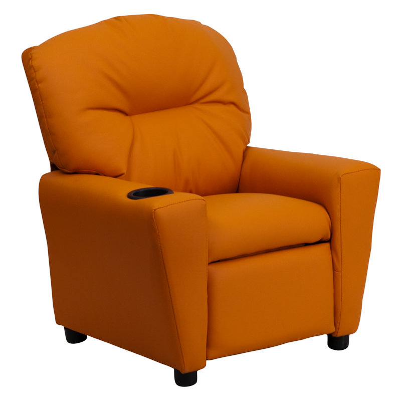 Contemporary Kids Recliner with Cup Holder, Vinyl - Orange