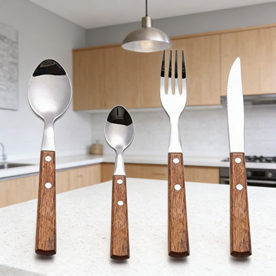 Ensemble de couverts 16 pièces en bois 16 pièces, 4 couverts en acier inoxydable 18/8 avec couteaux, fourchettes, cuillères et cuillères à dessert pour tous les jours