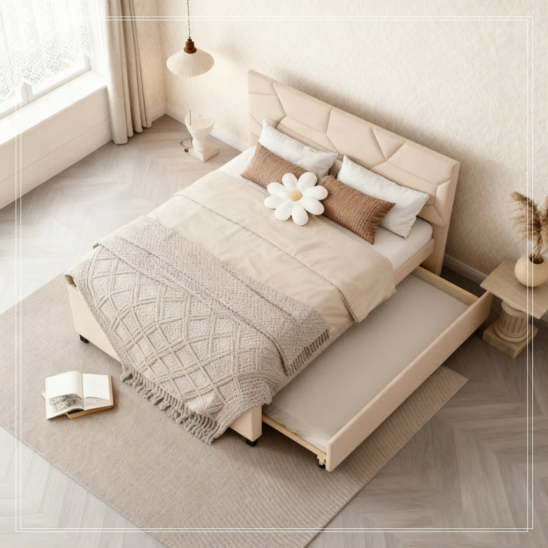 Lit plateforme tapissier avec tête de lit à motif brique, gigogne simple et 2 tiroirs, Beige