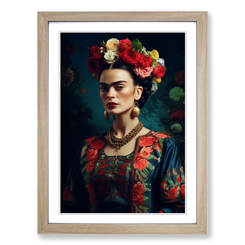 Frida Kahlo Digital No.2 - Single Picture Frame Print on Wood, Oak, 64cm H x 46cm W x 2cm D