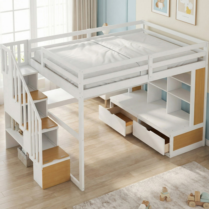 Solid Wood Full Size Loft Bed with Desk and Shelves, Two Built-in Drawers, Storage Staircase for Bedroom, Natural&White