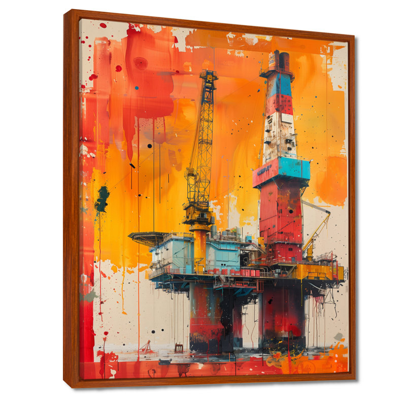 Orange, orange, plate-forme de pétrole, fond marin, rodéo, Toile avec cadre flottant brun, H 12 po x l 20 po x P 1 po