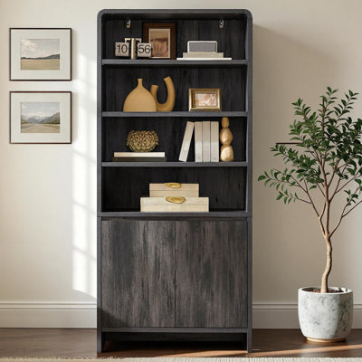 Bibliothèque moderne Dulane à 6 niveaux, 180 cm (H) x 81 cm (L), avec 2 portes, étagères réglables et bords arrondis, noire.