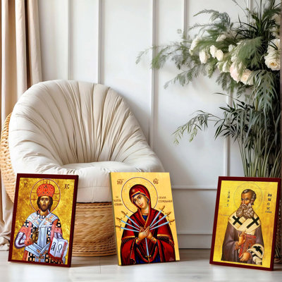 Ensemble de 3 affiches murales encadrées, triptyque d'icônes orthodoxes byzantines sur toile, décoration religieuse chrétienne représentant Jésus-Christ, la Vierge Marie et des saints, pour la maison, l'église ou le bureau. Décoration spirituelle sur fond doré. Œuvre d'art religieuse.