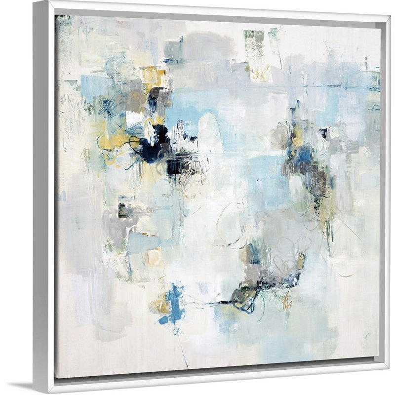 «Here and There», peinture sur toile, H 21,7 po x l 21,7 po x P 1,75 po, Cadre flottant blanc