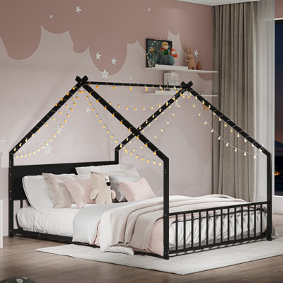 Size House Bed With Roof And Colorful Lights, Metal Bed Frame With Slats And Legs, House Bed For Young Teens, No Box Spring Needed