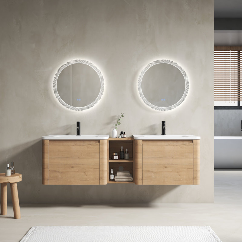 Meuble-lavabo mural de 68 po avec lavabo en céramique blanche et tablettes de rangement et 1 porte à fermeture en douceur, emballage KD, contreplaqué