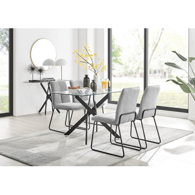 Lenworth Modern Black Metal and Glass Dining Table Set with 4 Luxury Upholstered Dining Chairs