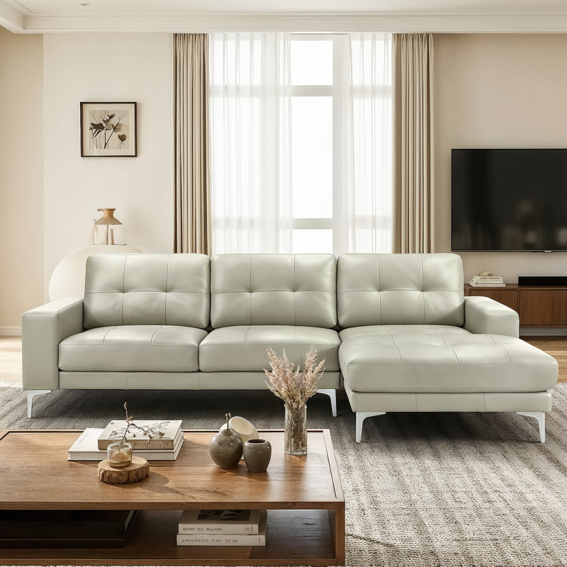 Coamhan 104" Genuine Leather Square Arm Sectional Sofa with Right Chaise, Beige Genuine Leather, Right-Hand Facing