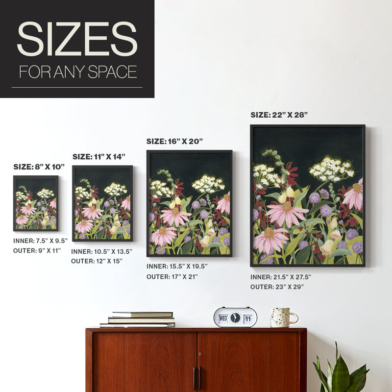 Impression encadrée Moonlit Wildflowers II - bois massif, Noir, noir, noir, noir, H 15 po x l 12 po
