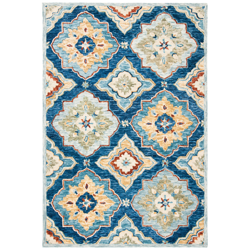 Deacon Damask Hand Tufted Wool Navy Area Rug, Rectangle 3' x 5'