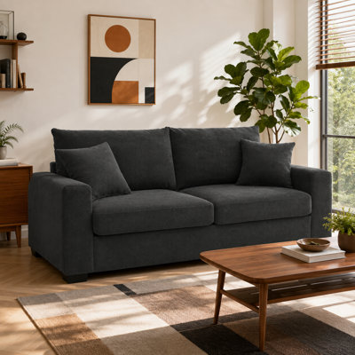 Mid-Century Modern Loveseat Sofa, 69 Inch 2-Seater Couch with 2 Throw Pillows, Premium Textured Fabric Small Space Sofa with High Backrest for Living Room, Apartment, Office, Dark Grey