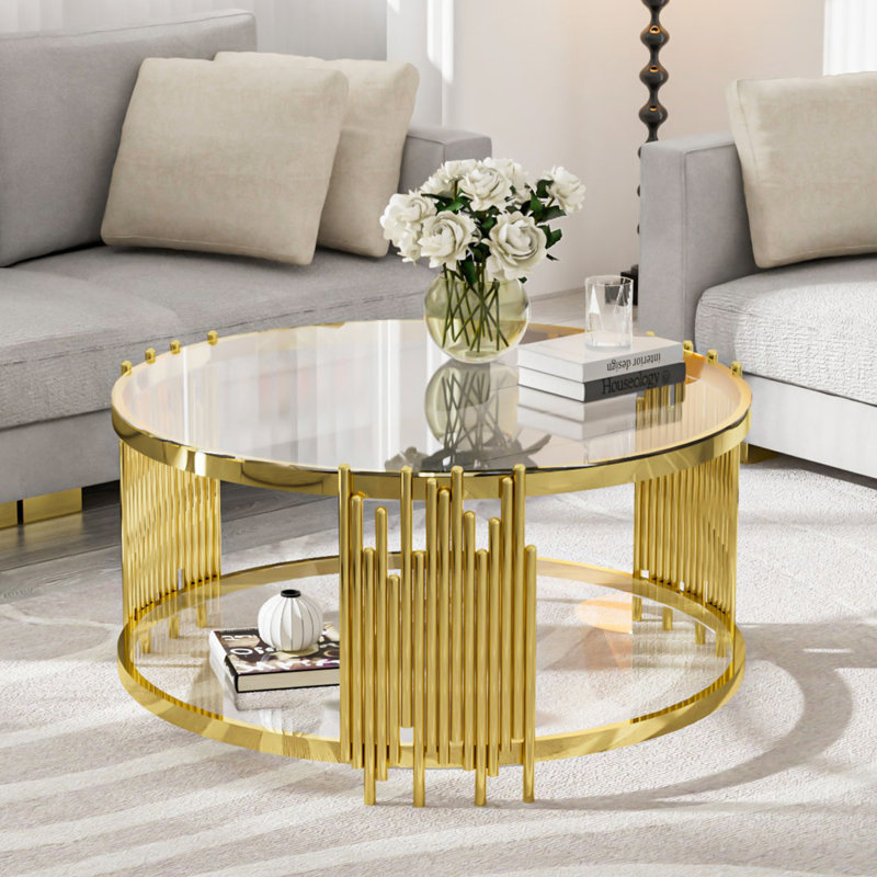 Bordeaux 35.4" Wide 2-Tier Round Glass Top Coffee Tables with Storage For Living Room Center Table Living Room Table, Clear