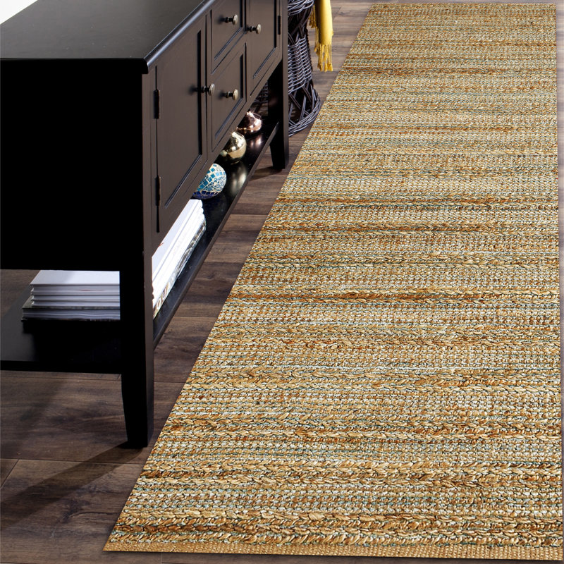 Modern Farmhouse Handmade Natural Fiber Jute Indoor Area Rug with Cotton Backing, Runner 2'6" x 7'9", Blue/Tan/Teal