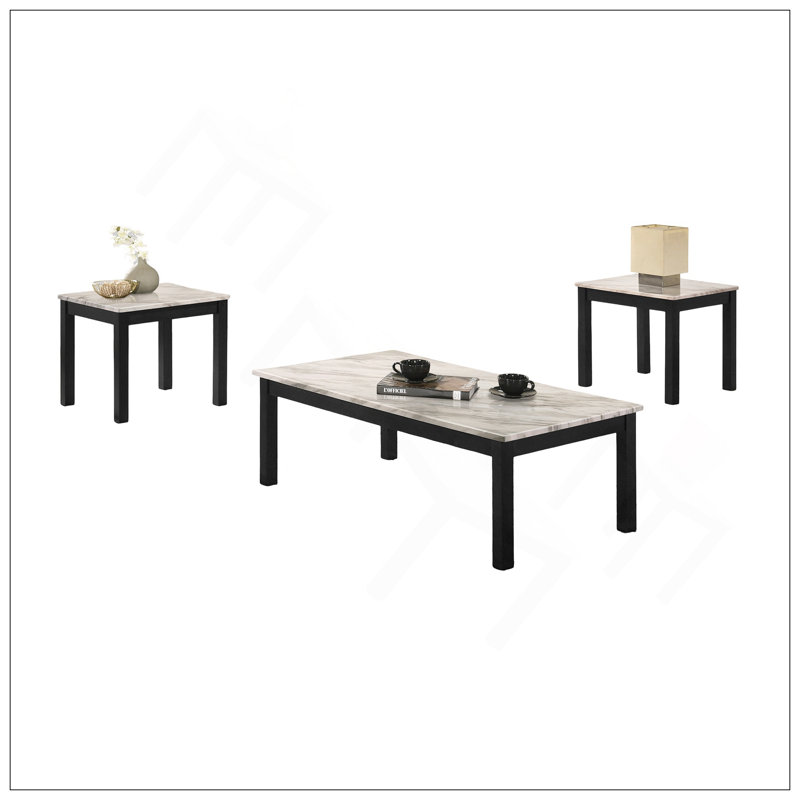 Ensemble de tables basses chic en faux marbre avec pieds noirs pour le salon, Blanc