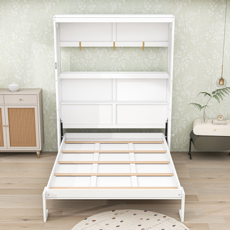 Armoire lit escamotable Murphy avec tablettes intégrées et relevage hydraulique, Blanc, Grand lit