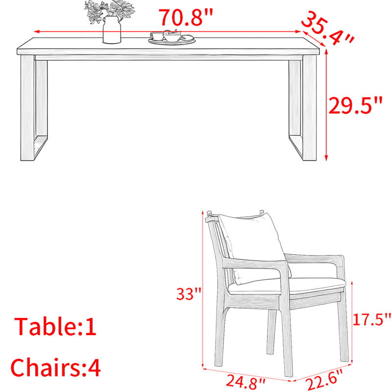 Nordic style solid wood dining table set, 29.5" H x 70.8" L x 35.4" W
