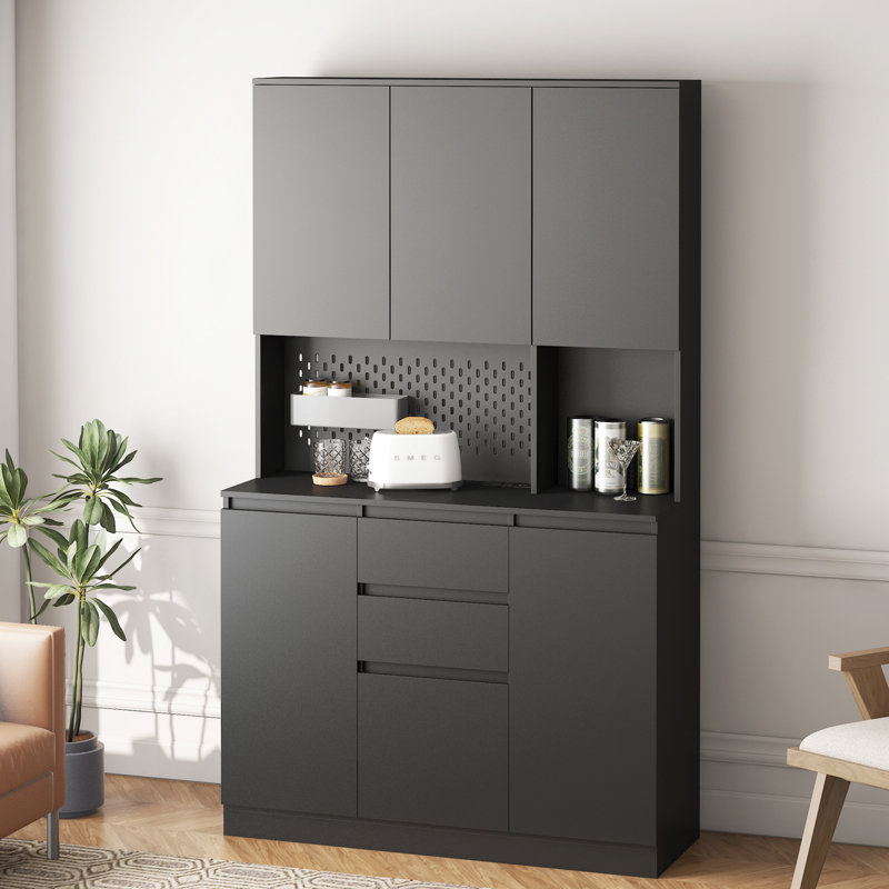 Armoire de rangement autoportante noire 74 po avec 6 portes, 3 tablettes, 2 tiroirs, prises de courant alternatif, ports pour l'organisation de la maison