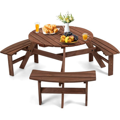 Round Tabletop Wood Picnic Table with Built-in Benches by Red Barrel Studio
