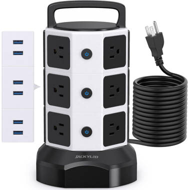 WBM Power Strip Cube , Wireless Charger Station with 2 AC Outlets, 2 USB Ports & 1 Type C Plug, White, Size: Medium