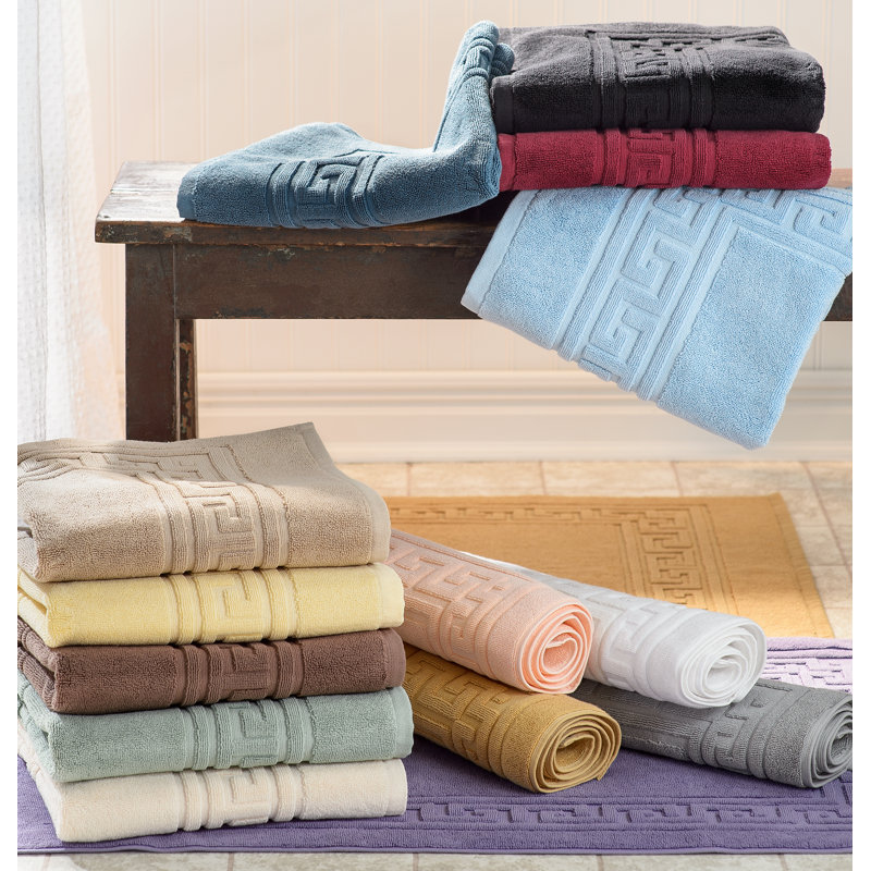 White Cotton Absorbent Bath Mat Set with Meander Border