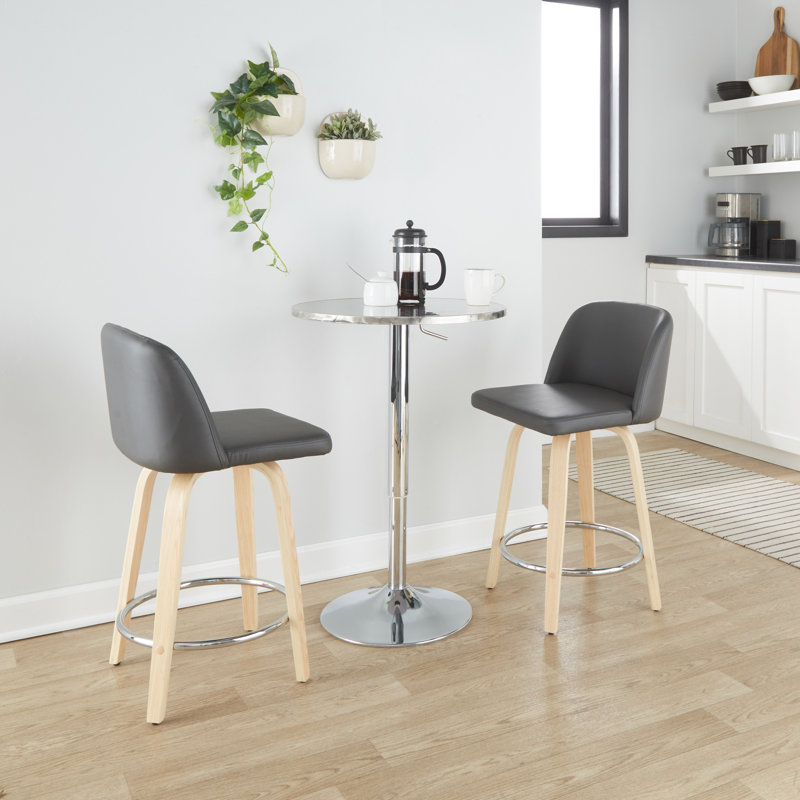 Tabouret de comptoir à hauteur fixe 24 po Thea avec pieds en bois cintré et repose-pieds rond, Neutre / chrome