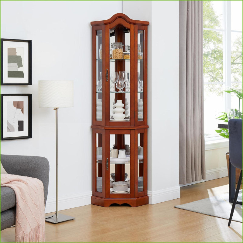 Curio Cabinets with Lights, Adjustable Glass Shelves, Mirrored Back | Walnut Brown Traditional Corner Cabinet | 70.25"H x 21.5"W x 15.75"D