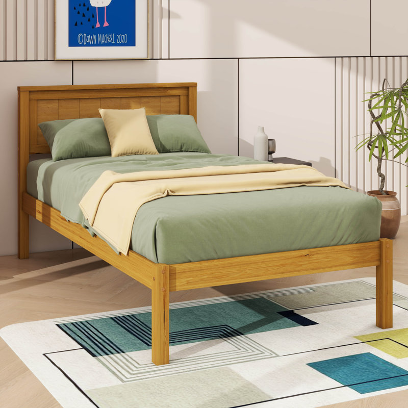 Platform Bed Structure With Headboard And Wooden Slat Base, Twin, Oak