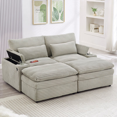 Canapé modulaire avec causeuse convertible, rangement, ports USB et deux repose-pieds mobiles pour des espaces de vie flexibles.