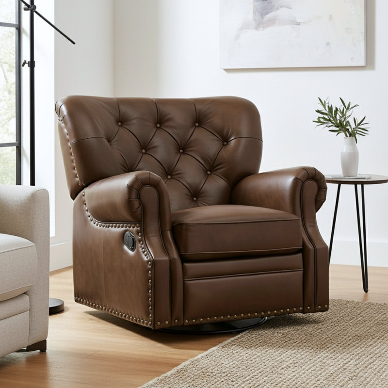 Joris 38.2" W Tufted Leather 270° Swivel Oversized Leather Recliner