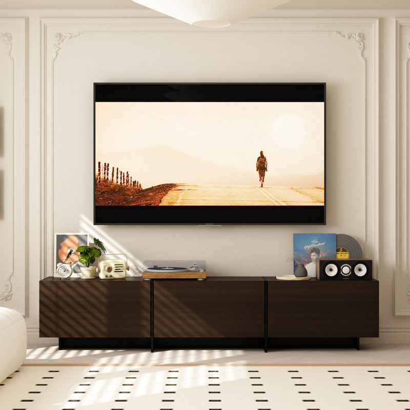 Meuble télé 71,7 po avec rangement caché et charnières en métal robustes, noyer foncé 71,7 po