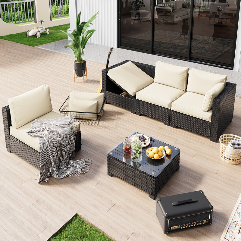 Pre-Assembled Chairs, 4-Person Patio Furniture Set Outdoor Wicker Sectional Conversation Seating Group With Waterproof Furniture Cover