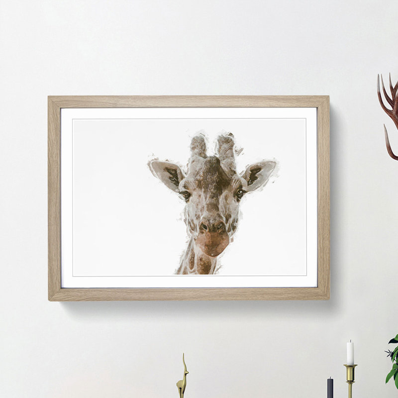 Curious Giraffe in Abstract - Picture Frame Graphic Art Print, 27cm H x 36cm W x 2cm D, Oak Framed